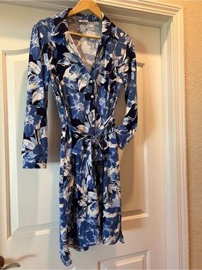 LuLaRoe “ELLIE” Blue White Floral, Long Sleeves, Shirt-dress - Size S